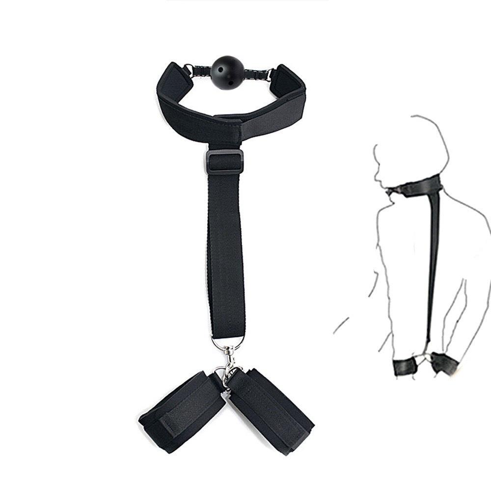Backhand Gag with Nipple Clamps and Neck Restraint Bondage Set