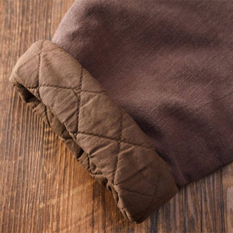 Johnature Women Cotton Linen Casual Pants Solid Color Elastic Waist Quilted Warm Trousers Winter Vintage Thick Pants