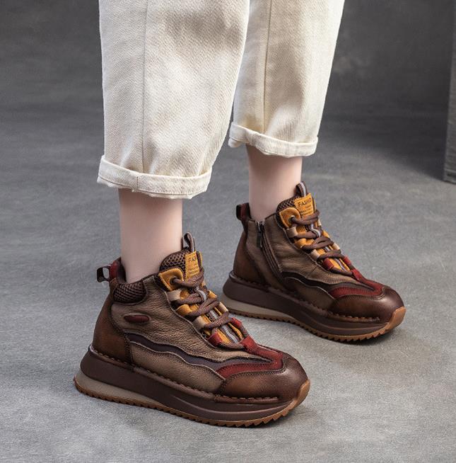 Fashion Hot Brand 5CM Women Boots Autumn Winter Mixed Colors Genuine Cow Leather Warm Ankle Boots Ladies High Top Casual Sneakers Shoes