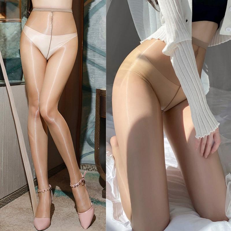 1D Oil Shiny One Line Open / Close Crotch Tights Women Sexy Ultra Thin Transparent Nylon Pantyhose Pole Dance Clubwear