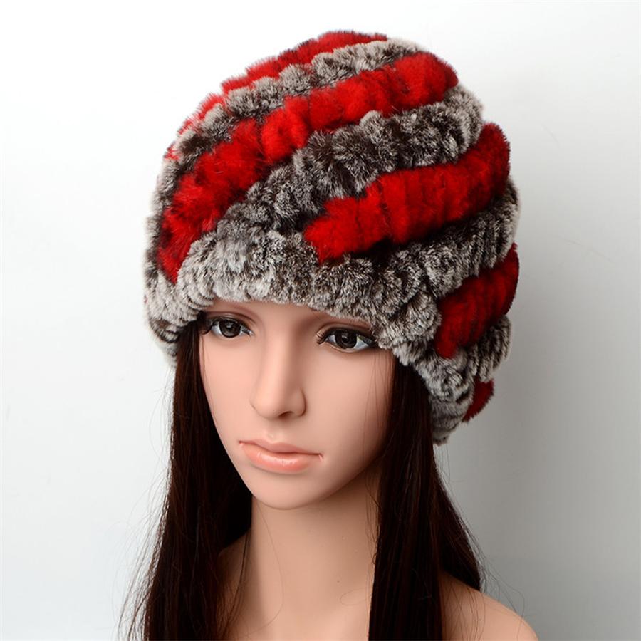New Knitted Rabbit Fur Spiral Hat for Elderly Women Winter Thick Warm Pineapple Hat