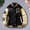 Herrenjacke, Stehkragen, gestreift, Buchstabenmuster, locker, langärmelig, dick, einreihig, Colorblock-Taschen, Strickjacke, mittellanger Baseballmantel