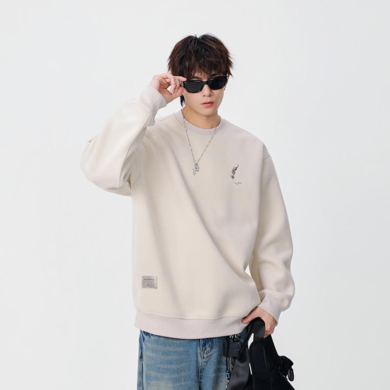 

Men s Heavyweight Embroidered Crew Neck Long Sleeve Hoodie Top - Autumn/Winter Trendy Solid Color Base Layer L абрикосовий/сірий колір