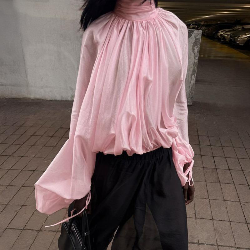Talenza Spring Pink Blouses Women'S Fashion High-Neck Ruffled See-Through New Shirt Casual Loose Chic Commuter Female Shirt Top