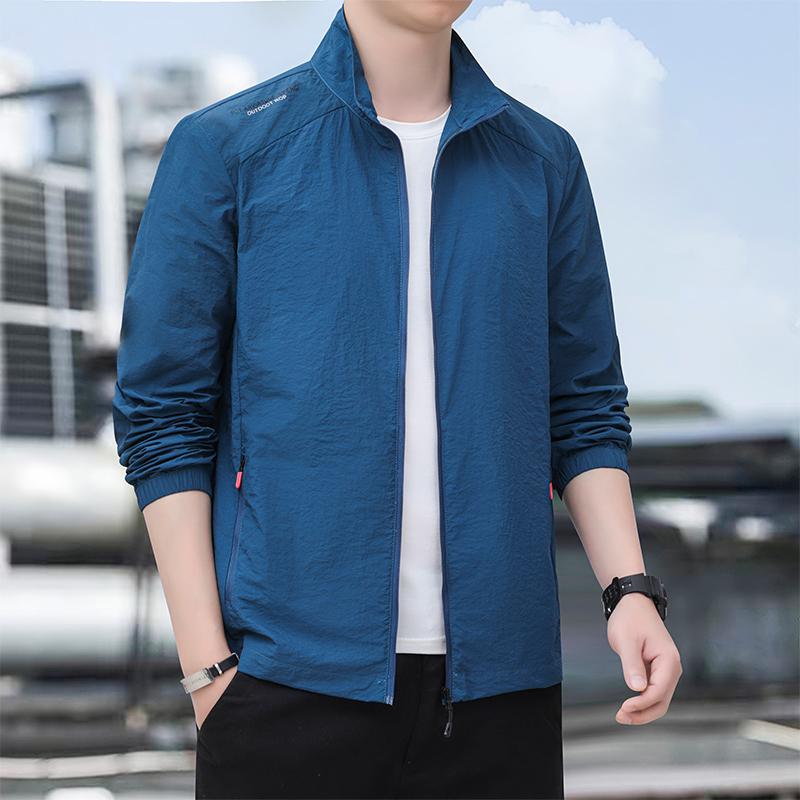 

Spring Autumn Stand Collar Solid Cardigan Jacket Men Casual Fashion All-match Zipper Coat 5XL джинсовий синього кольору