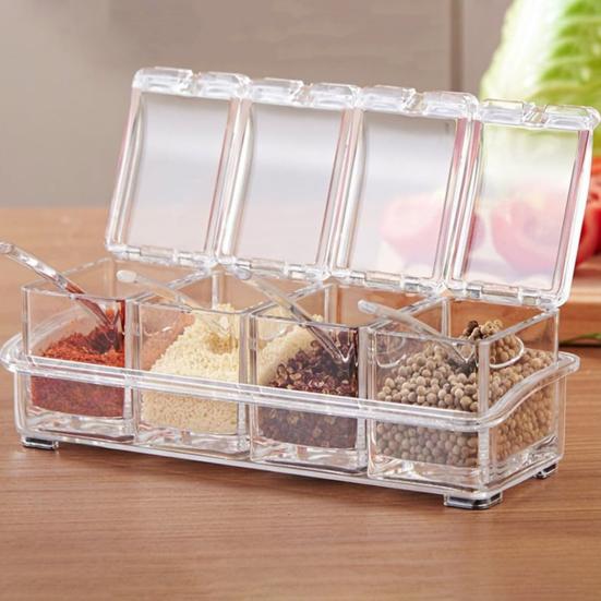 Yousheng Transparent Spice Container Set with Lids And Spoon 4-in-1 Kitchen Organizer for Salt Sugar Pepper Airtight Pantry Storage
