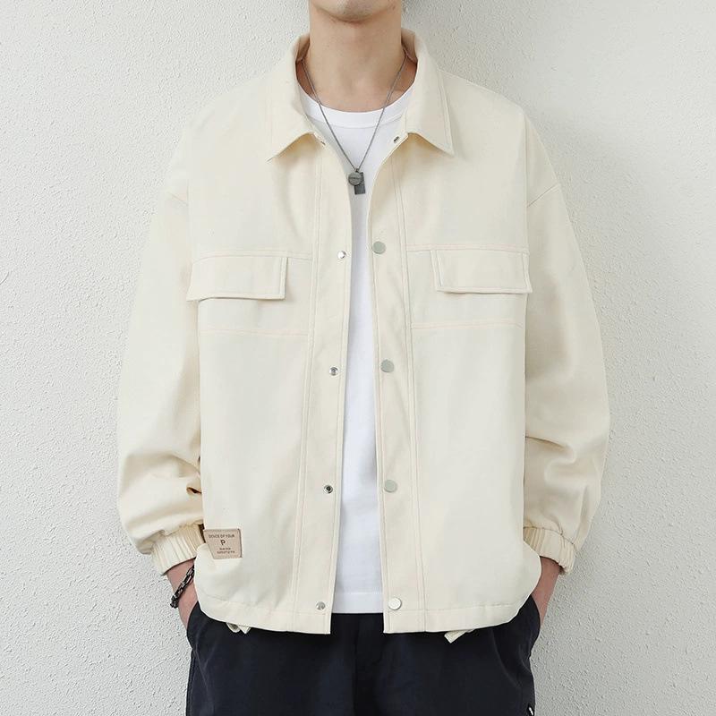 Spring and Autumn Men's Versatile Solid Color Lapel Solid Color Jacket Hong Kong Style Loose Jacket Trendy Workwear Men