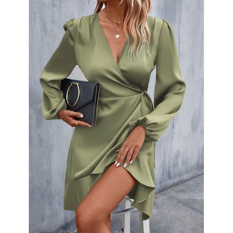 Summer Satin Dress European and American Women Summer V-neck Satin Dress Satin Waist Hugging Low Cut Midi dress
