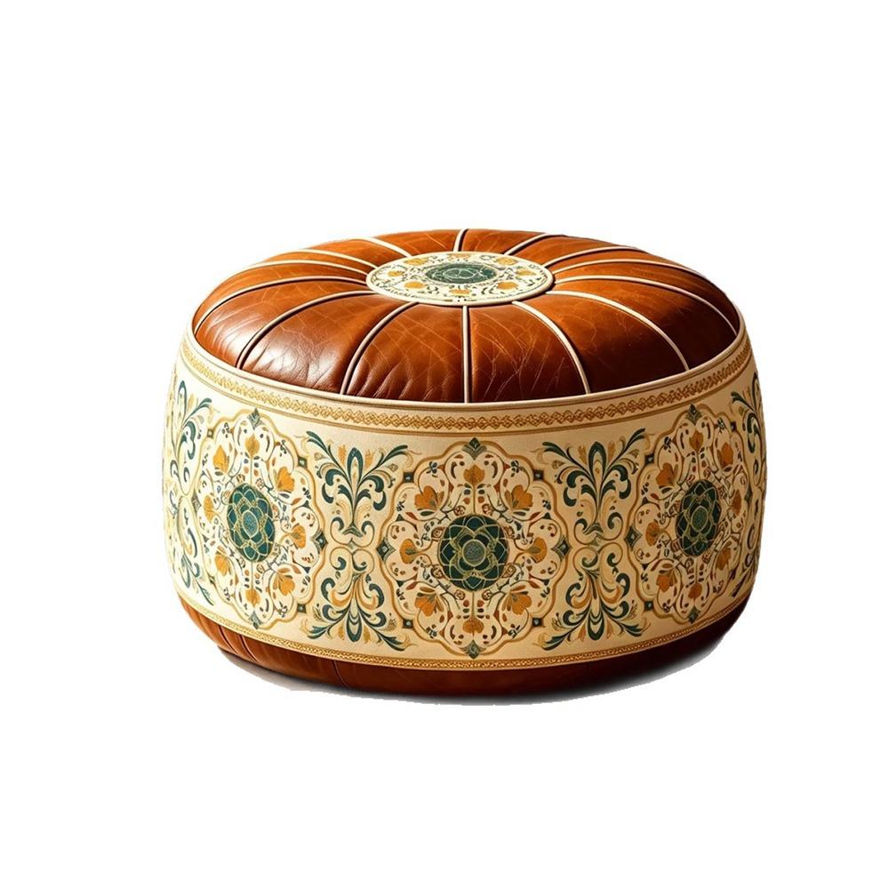 Fillable Round Ottoman Stool Vintage Style Storage Ottoman Pouf Footstool Cover Entryway Seating