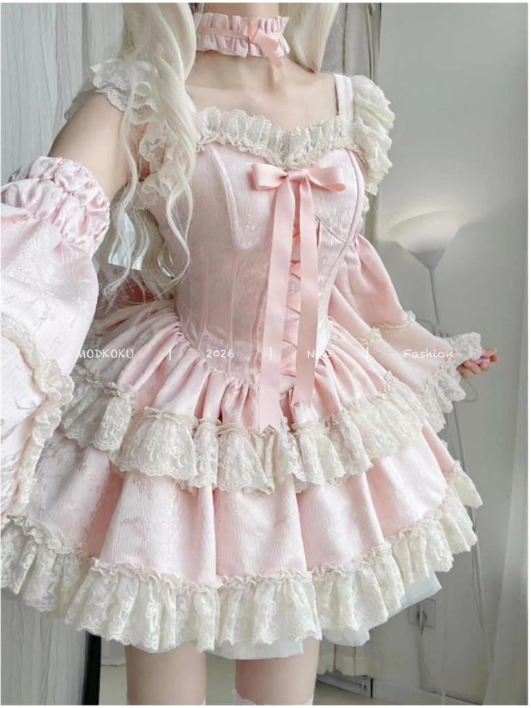 MODKOKU Lolita OP Dress with Detachable Flutter Ribbon and Lace Ruffle Mori Girl Tiered Lolita Long Size M Women's 2-Way Sleeves, Bridal-Style Lace-Up