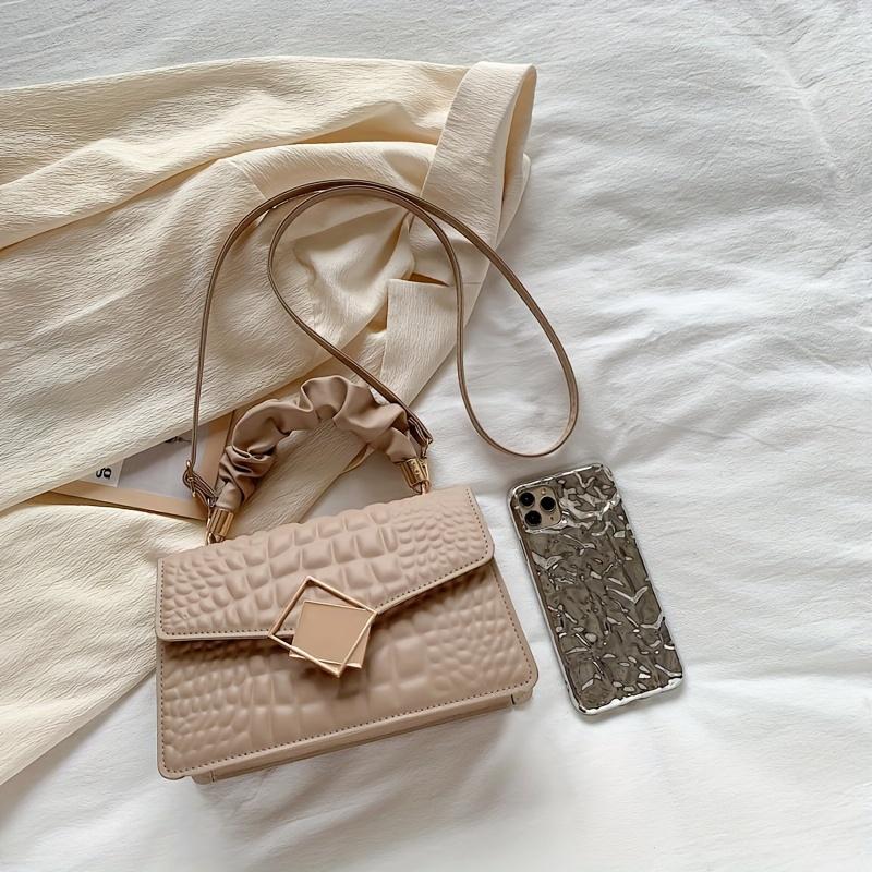 Trendy Crocodile Pattern Handbag, Top Ruched Handle Square Wallet for Women, Solid Color Textured Bag
