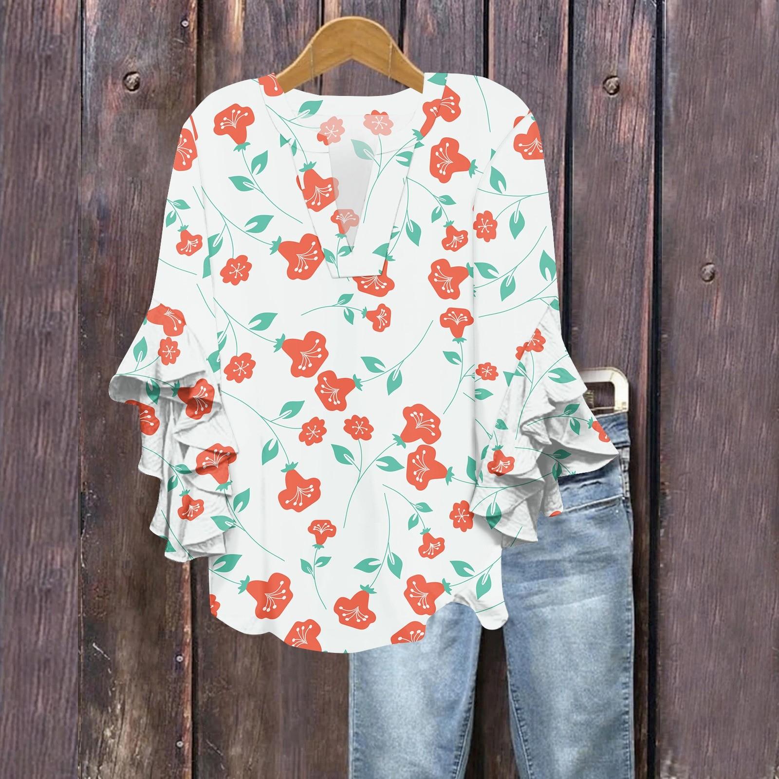 

Летние топы для женщин, симпатичные блузки с V-образным вырезом и рукавом 3/4, повседневные рубашки с цветочным принтом L