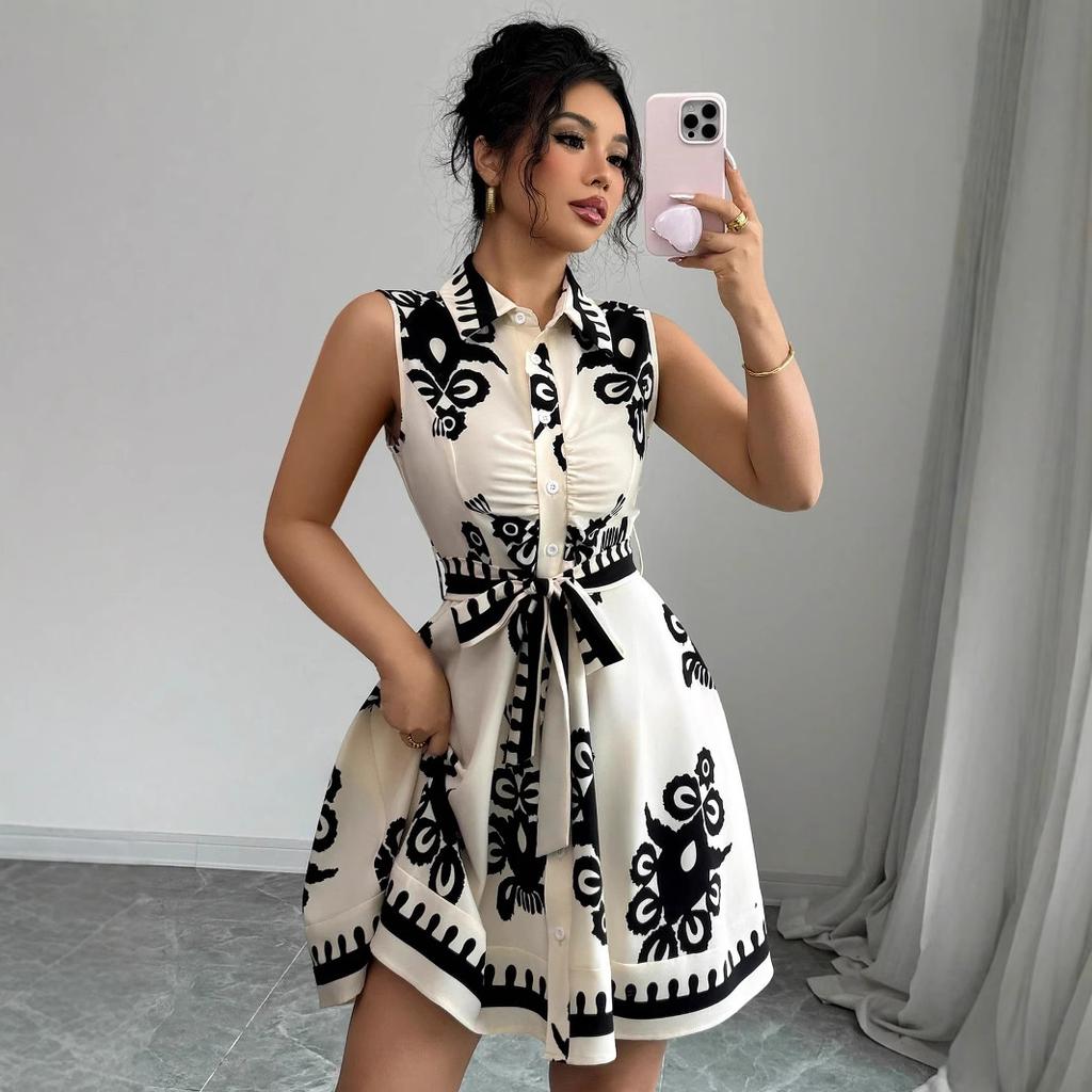A New Summer Women's Fashion Printed Cinched-waist Lace-up Sleeveless Dress