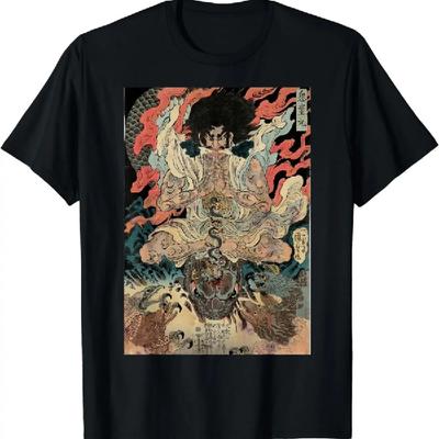 Japanese 2000s Style Y2k Tops Men Clothing Ropa De Mujer Japanese Vintage Artwork Tengu Gods Defeat The Evil Snake T-Shirt