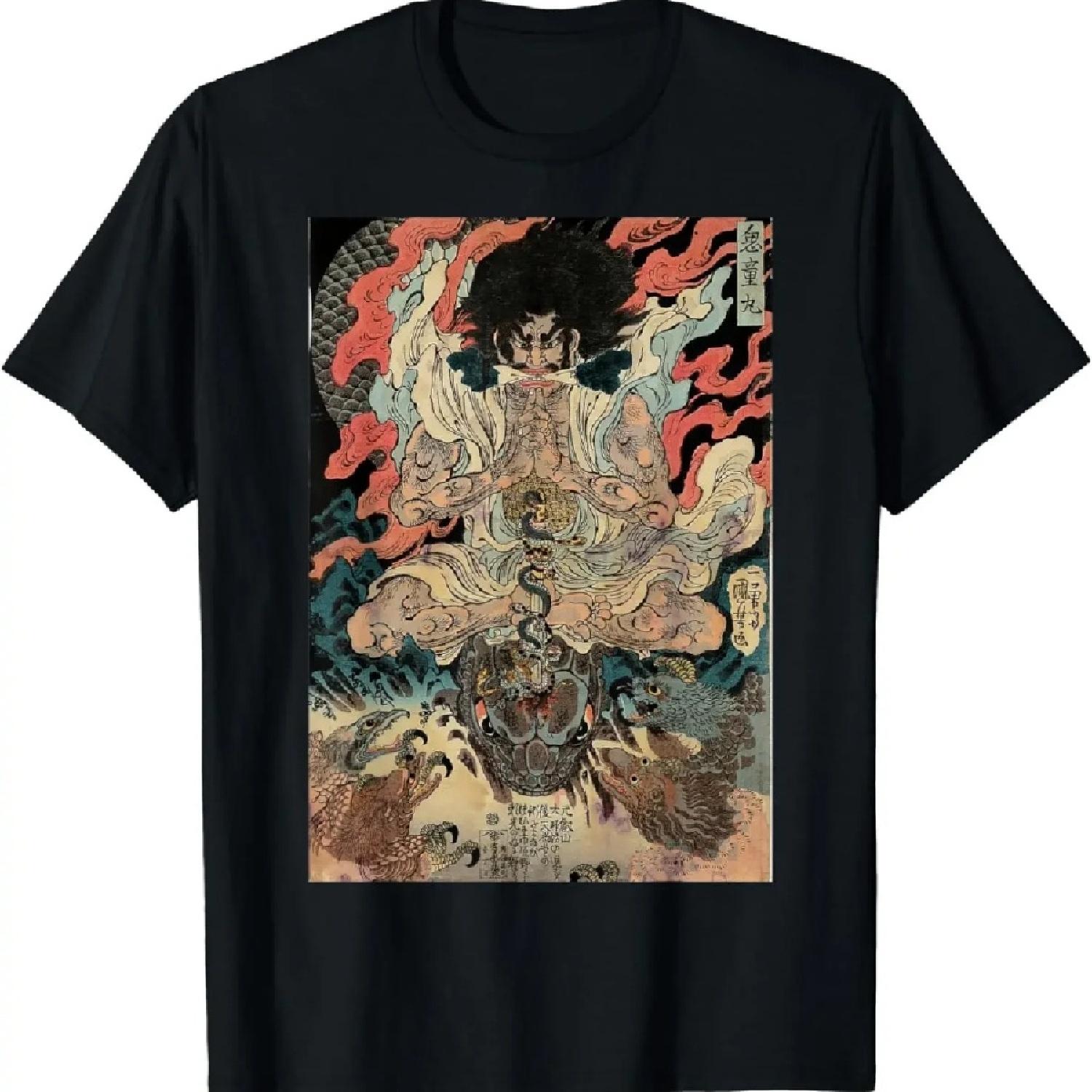 

Japanese 2000s Style Y2k Tops Men Clothing Ropa De Mujer Japanese Vintage Artwork Tengu Gods Defeat The Evil Snake T-Shirt XXXXXL чорний