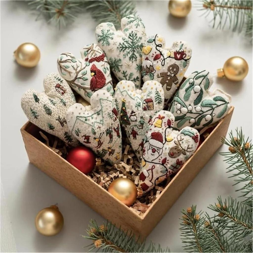 8Pcs DIY Heart Embroidery Christmas Cross Stitch Kit Embroidery Christmas Ornament Kits with Needle and Thread (Material Pack)