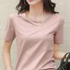 Women T-shirt V-Neck Lace-Up Collar Short Sleeve T-Shirt Solid Color Loose Fit Casual Tee
