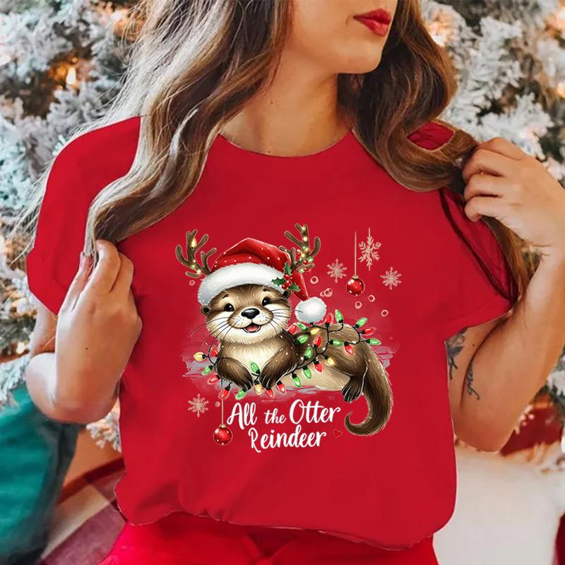 New Christmas All The Otter Reindeer T Shirt Women Casual Personality Round Neck Short Sleeve Fashion Christmas