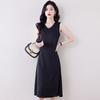 Satin V-neck suspender dress women's spring and summer sleeveless solid color vest long dress small black dress