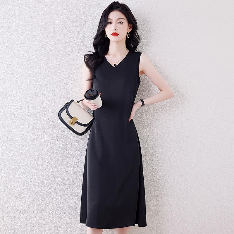 Satin V-neck Suspender Dress Women's Spring and Summer Sleeveless Solid Color Vest Long Dress Small Black Dress