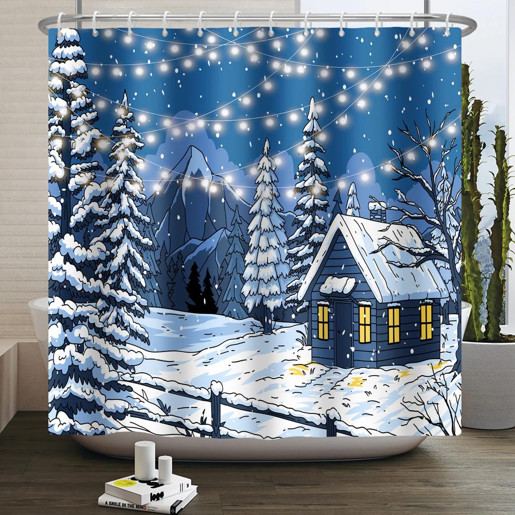 Christmas Shower Curtain Xmas Tree Winter Forest Snow Cute Snowman Bathroom Shower Curtain Waterproof Bath Curtain With Hook