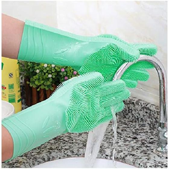 Dishwashing Gloves Silicone Reusable 2 sided Foaming Heat Resistant Scrubber for Kitchen 1 Pair
