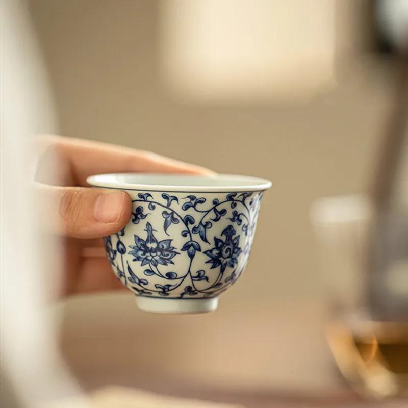 1 Pc Chinese Blue Ceramic Tea Cup Handmade Porcelain Tea Bowl Household Tea Set Personal Teacup Meditation Cup 50ml