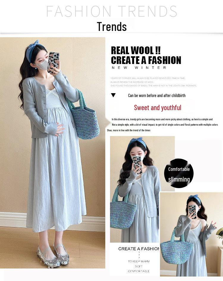 2025 Spring Maternity Lace V-Neck Dress & Knit Cardigan