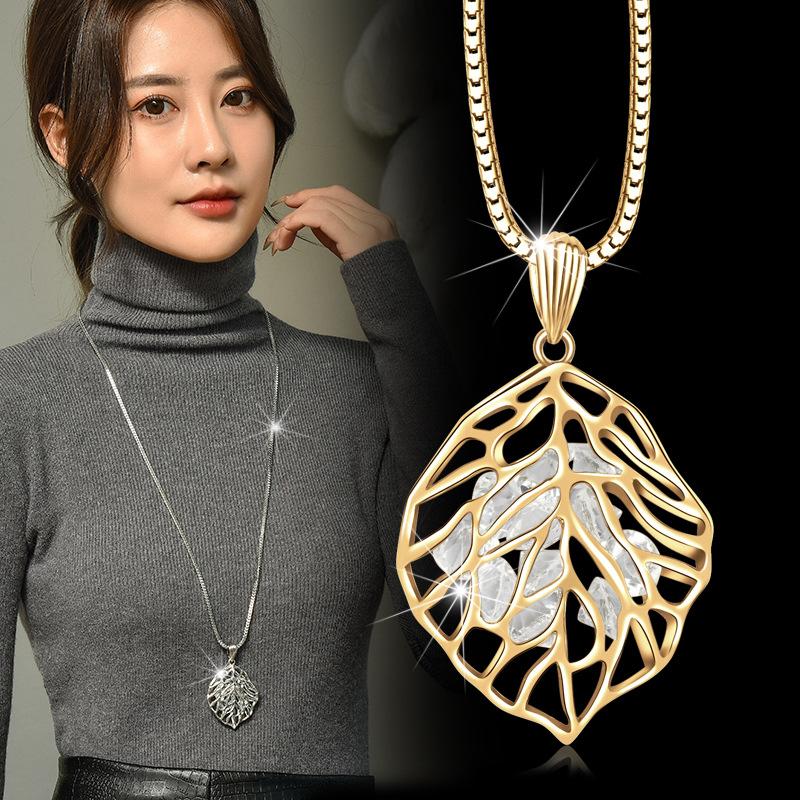 Tree Leaf Pack Crystal Sweater Chain Female Leaf Temperament Versatile Autumn And Winter Clothes Long Necklace