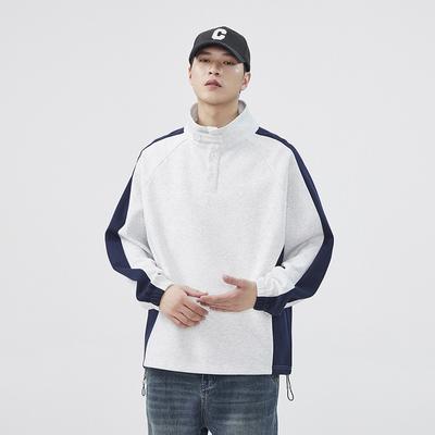 Autumn New Stand-up Collar Pullover Sweatshirt for Young Men, Color-blocked Button Pullover Top, Loose Hong Kong Style Trendy Bottoming Shirt