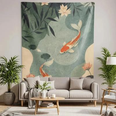 Koi Fish Lotus Tapestry Single Sided Print Soft Polyester Tapestry Bedroom Living Room Dorm Zen Decor Serene Vibe Accessory Gift