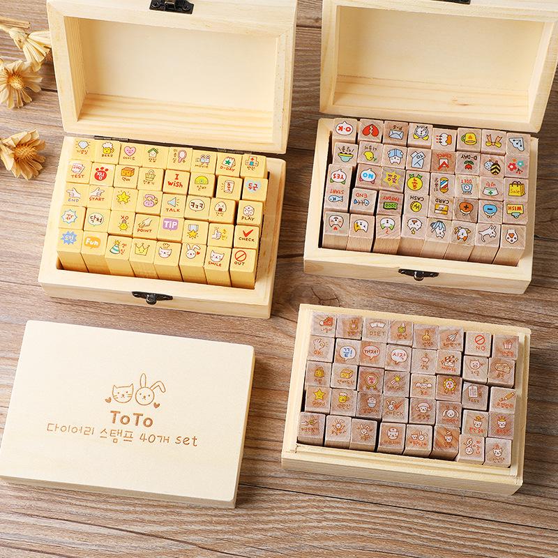 Wooden Box Diary Stamps Set: Cute Bunny & Cat Designs, 40 Pieces, 4 Styles