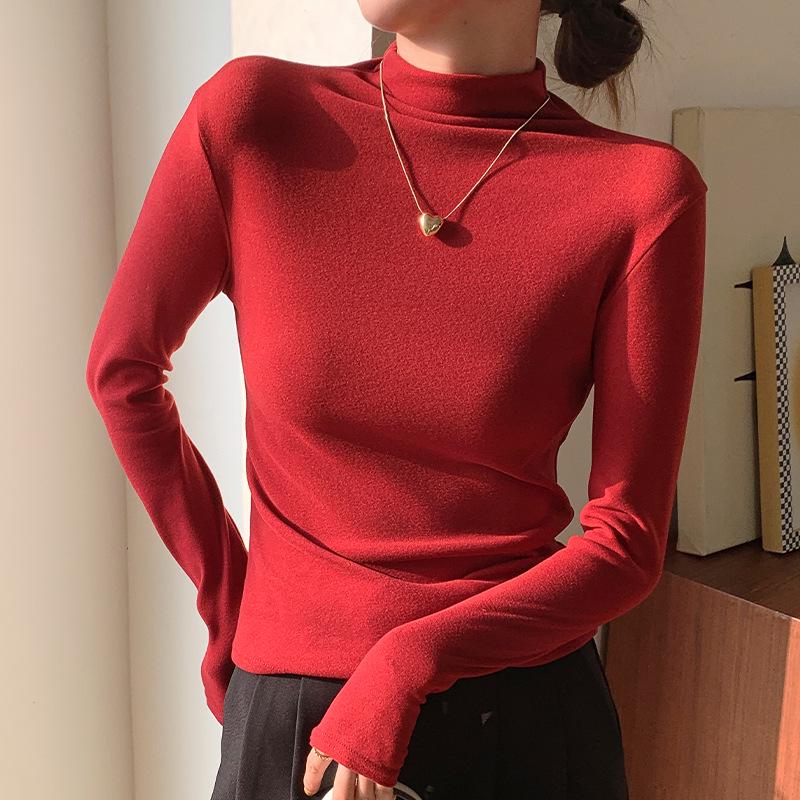 H679 Women's Slim Fit Half-High Collar Long-Sleeve Solid Color Warm Top for Autumn/Winter