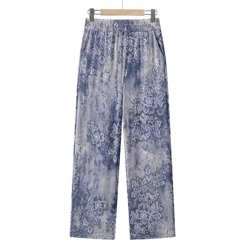 

Women s Summer Printed Breathable Elastic Waist Loose Trousers for Middle-aged & Elderly 2XL (90-110 kg) синий