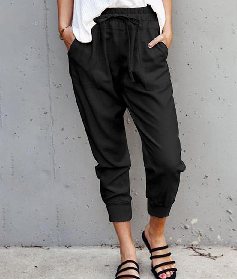 

Women s Summer Cotton Linen Cropped Lace-up Casual Pants X-Large чёрный
