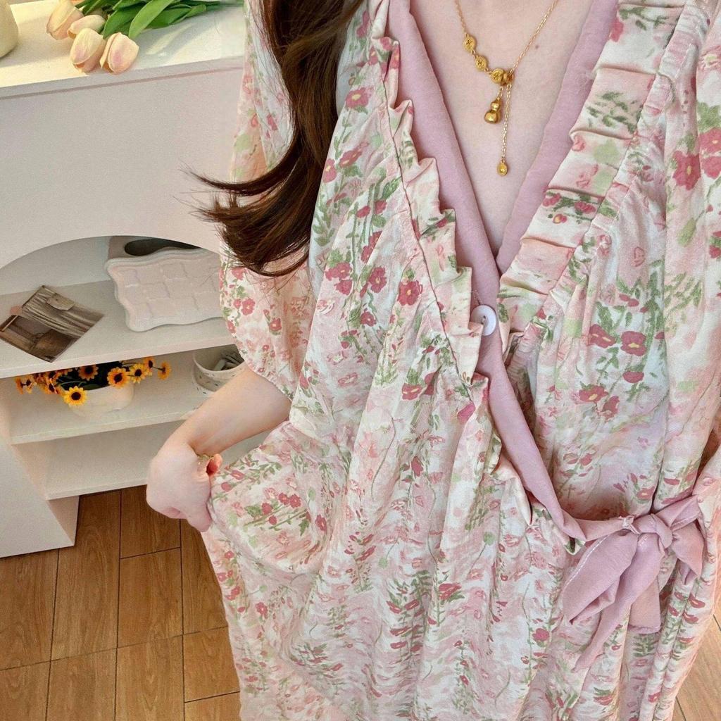 Elegant Monet Garden Short-Sleeve Women's Robe - Long Nightgown, Pajamas, Bathrobe, Loungewear, Cloud Cotton Round Neck