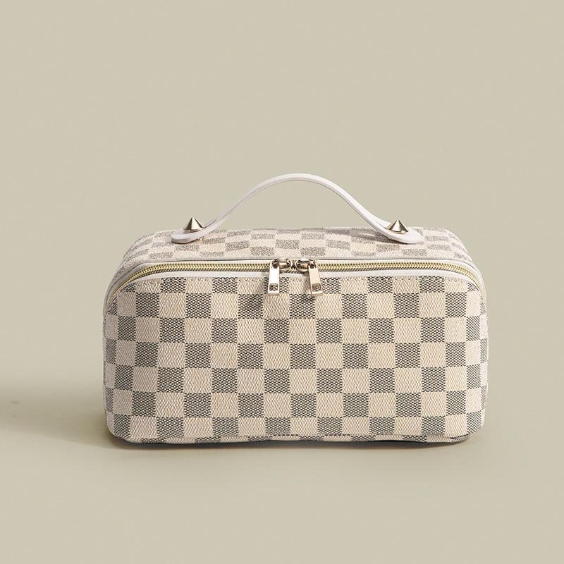 Plaid Monogram Large Capacity Makeup Bag - Convenient Handheld Storage