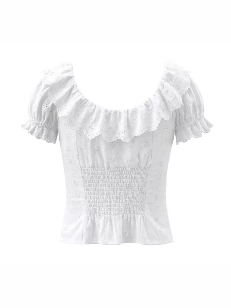 Chemise Blanche à Manches Bouffantes et Col en Dentelle - Haut Rétro pour Femme à Boutonnage Simple, Brodé et Cintré à la Taille