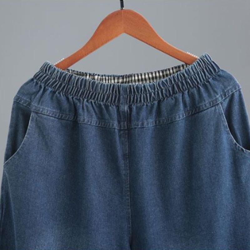Ensemble Denim Grande Taille à Col Montant, Splicing Style Ethnique Femme, Ensemble Jean Deux Pièces Boucle Ample et Tendance