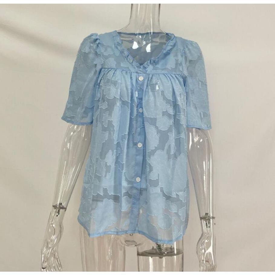 Odzież damska Dekolt w serek Letnia bluzka szyfonowa Jednolita Rękaw trąbkowy Koronkowa wycinanka Top