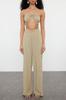 Women's Style Bottom-Top Set Clothes Green Woven Linen Blend Blouse Trouser Set