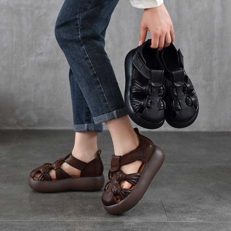 Johnature Genuine Leather Retro Hand Woven Hollow-out Sandals Soft Soled Women's Flat Platform Shoes
