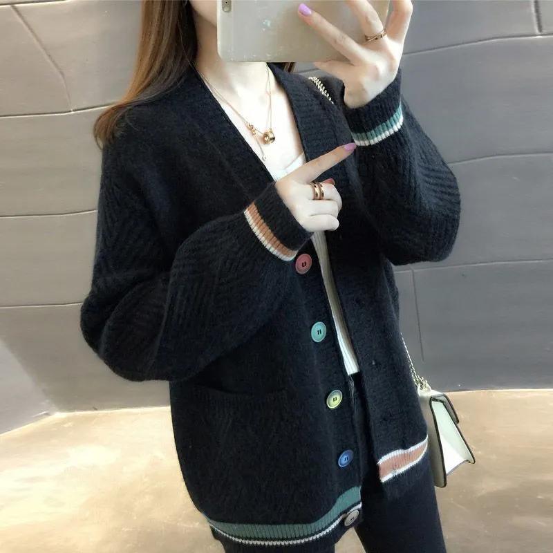 Svetr Kabát Kardigan pro ženy Zimní Zesílený Jednobarevný Volný Dlouhý Rukáv Pletený Svetr Kabát
