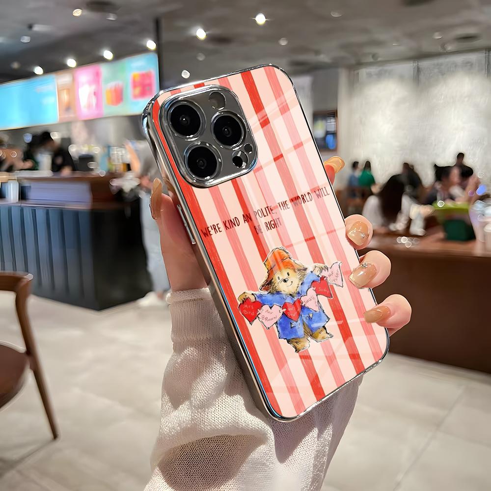 Paddington Bear Phone Case For IPhone 17 Pro Max 15 Pro 16 14 Plus 12 13 Mini 11 Pro Shockproof Electroplated Glass Cover