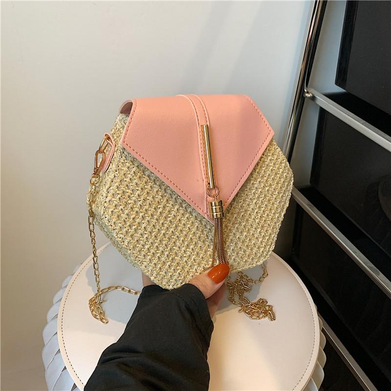 Summer Straw Bag Women Hexagon Chain Crossbody Bag Handmade Weaven Shoulder Bag Fashion Tassel Messenger Bag