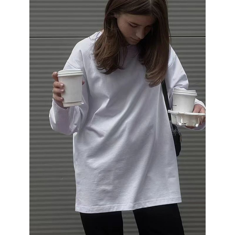 Fashion Wind New Arrival Loose-Fitting Solid Color Long Sleeves Cotton T-shirt Loose Solid Color Cotton T-shirt