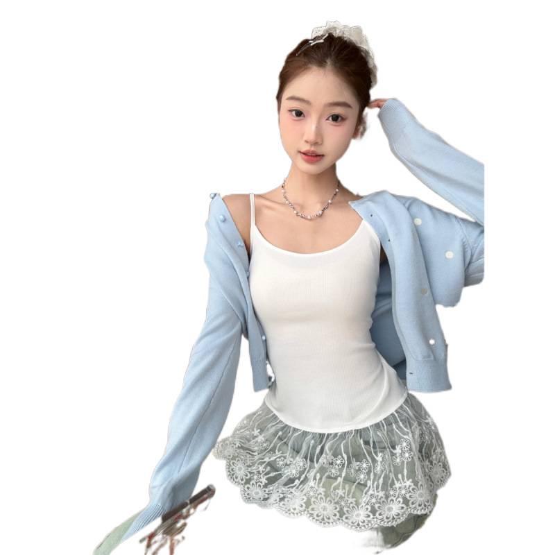 Summer Korean Color-Block Lace Trim Ballet Style Sweet Camisole Top