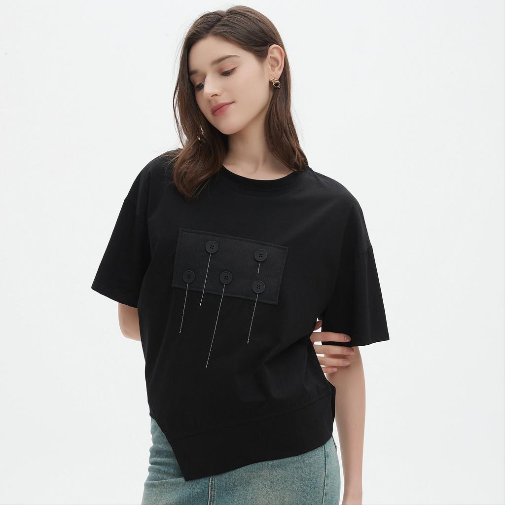 DIMANAF 2025 Letní tričko s kapsou Dámské Potisk Knoflíky Asymetrické Krátký rukáv Volné