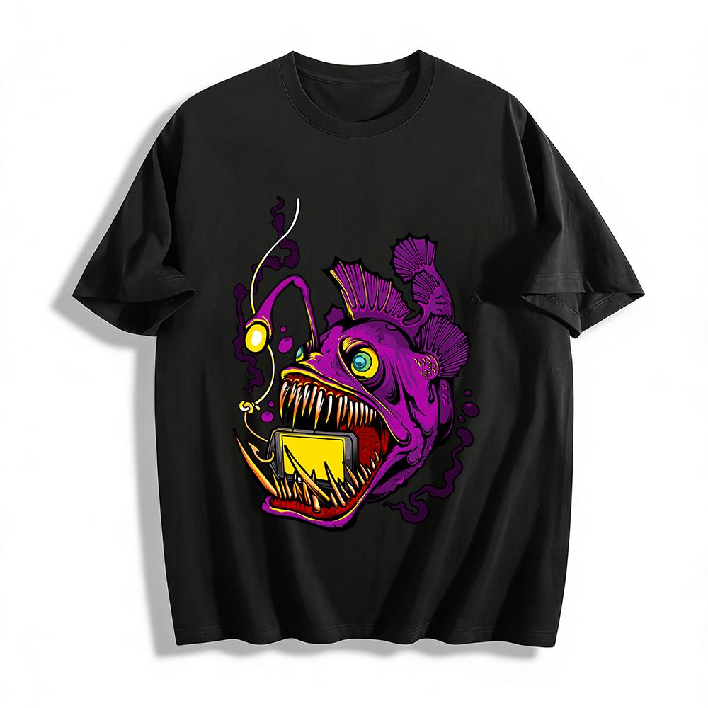 Weird Angler Fish Addicted To Phone Graphic Casual Top Pure cotton T-shirt XXS