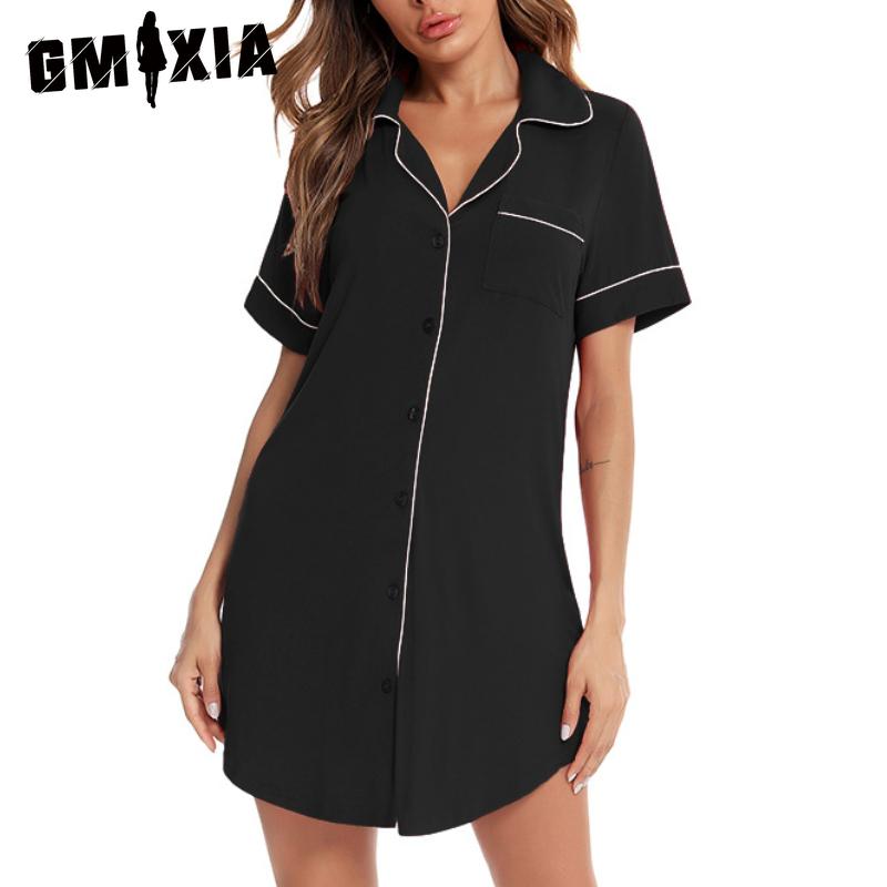 

GMXIA Summer Sleepwear Women Cardigan Loose Casual Nightgown Shirt Neck Ladies Nightwear S чёрный